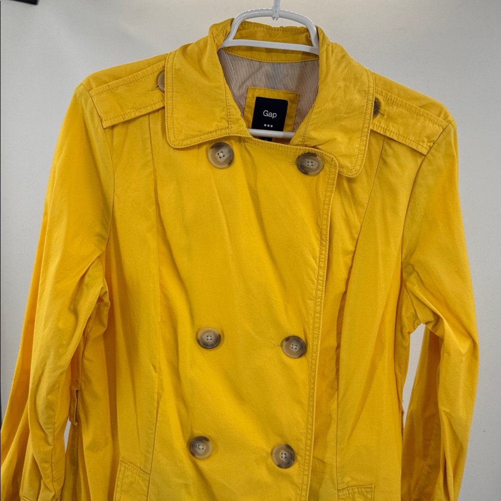 GAP Women's Bright Yellow cotton lightweight peacoat Raincoat L double breast - Picture 7 of 12